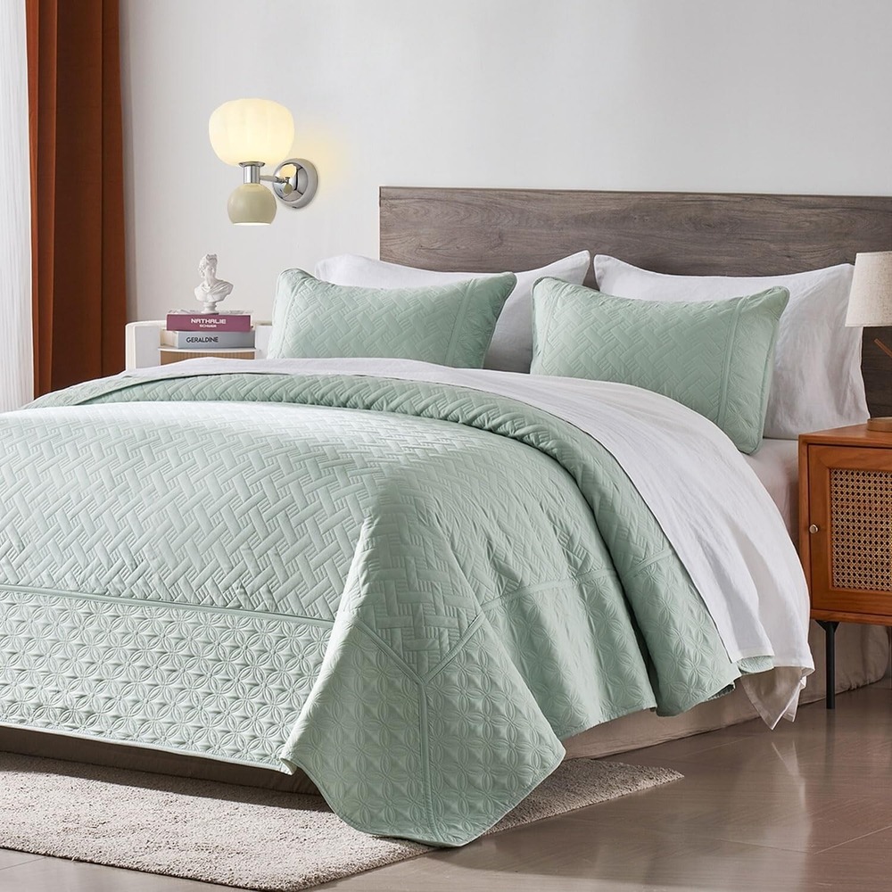 Quilt Set, 3 Piece Soft Basket Weave Sage Green Bedspread King Light Green